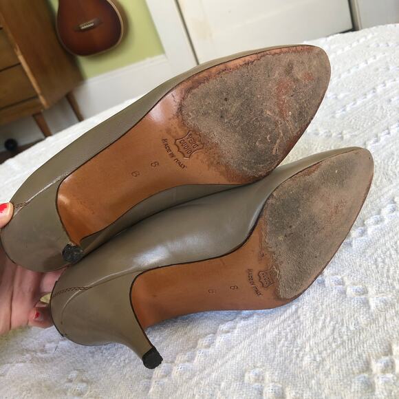 VTG Perry Ellis Portfolio Leather Heels Taupe Green Diamond 80s Italy 8 B Career - Picture 7 of 15